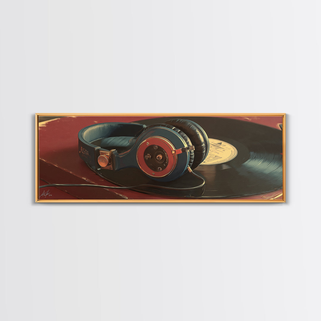 Headphones Resting on a Vinyl Record Canvas Print, Recording Studio Art, Digital Download Art, Studio Decor, Fine Art, Analog, RSA-3x1-45