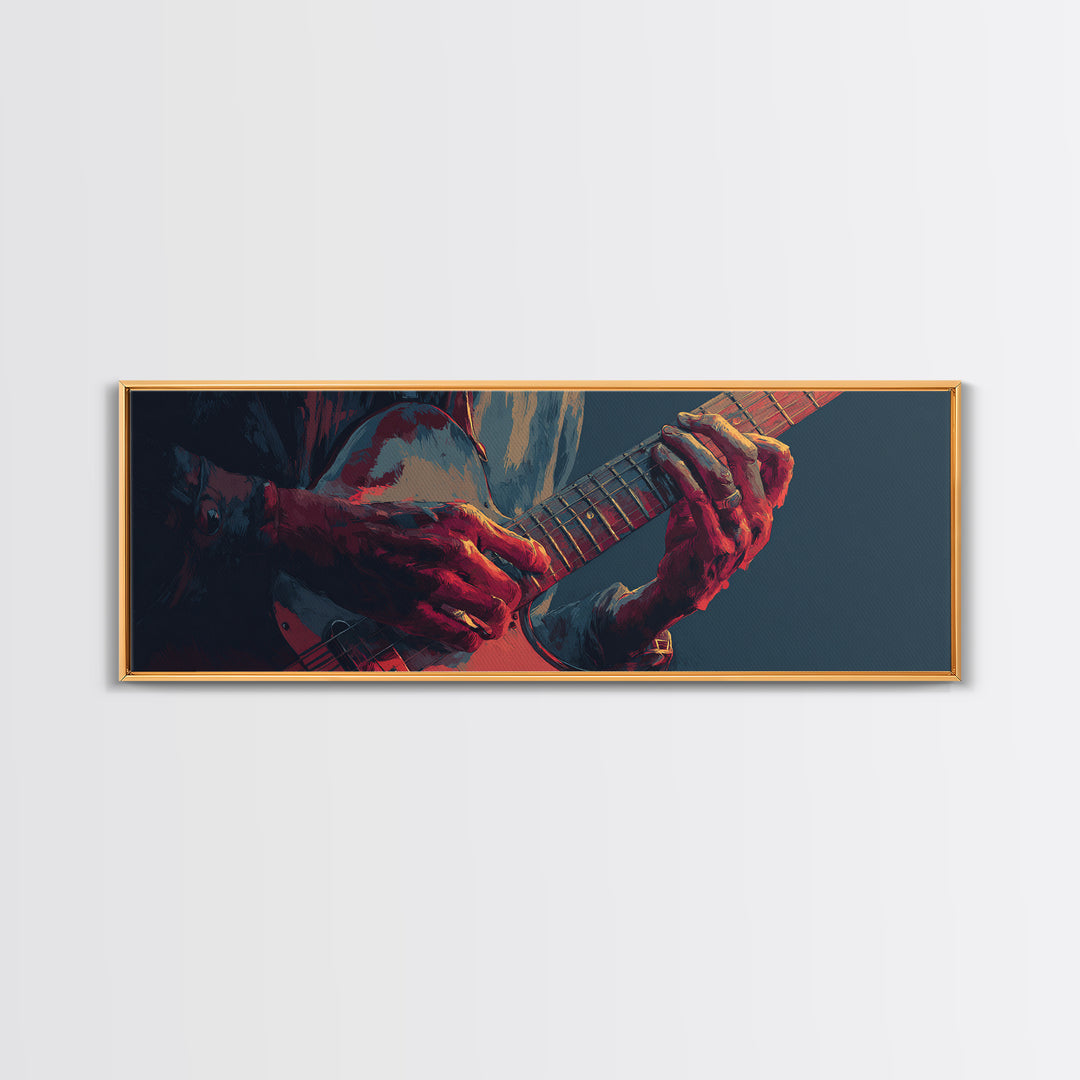 Musician Hands on Guitar Strings Framed Canvas Print, Recording Studio Art, Wall Sculpture, Studio Decor, Oil Painting, Analog, RSA-3x1-79
