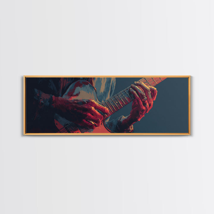 Musician Hands on Guitar Strings Framed Canvas Print, Recording Studio Art, Wall Sculpture, Studio Decor, Oil Painting, Analog, RSA-3x1-79