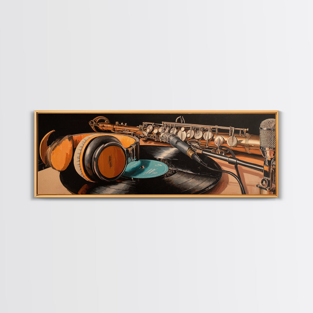 Headphones Resting on a Vinyl Record Canvas Print, Recording Studio Art, Musician Posters, Studio Decor, Fine Art, Analog, RSA-3x1-93