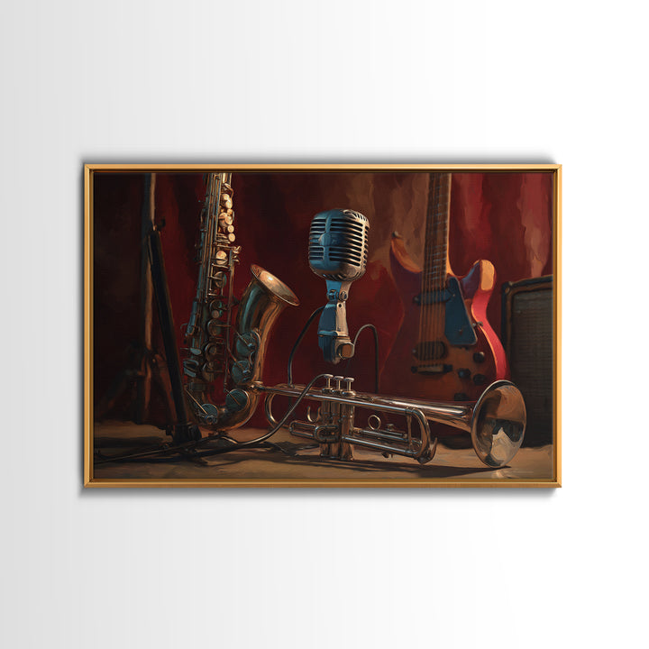 Jazz Trumpet and Microphone Still Life Canvas Print, Recording Studio Art, Music Poster, Studio Decor, Fine Art, Analog, RSA-3x2-11