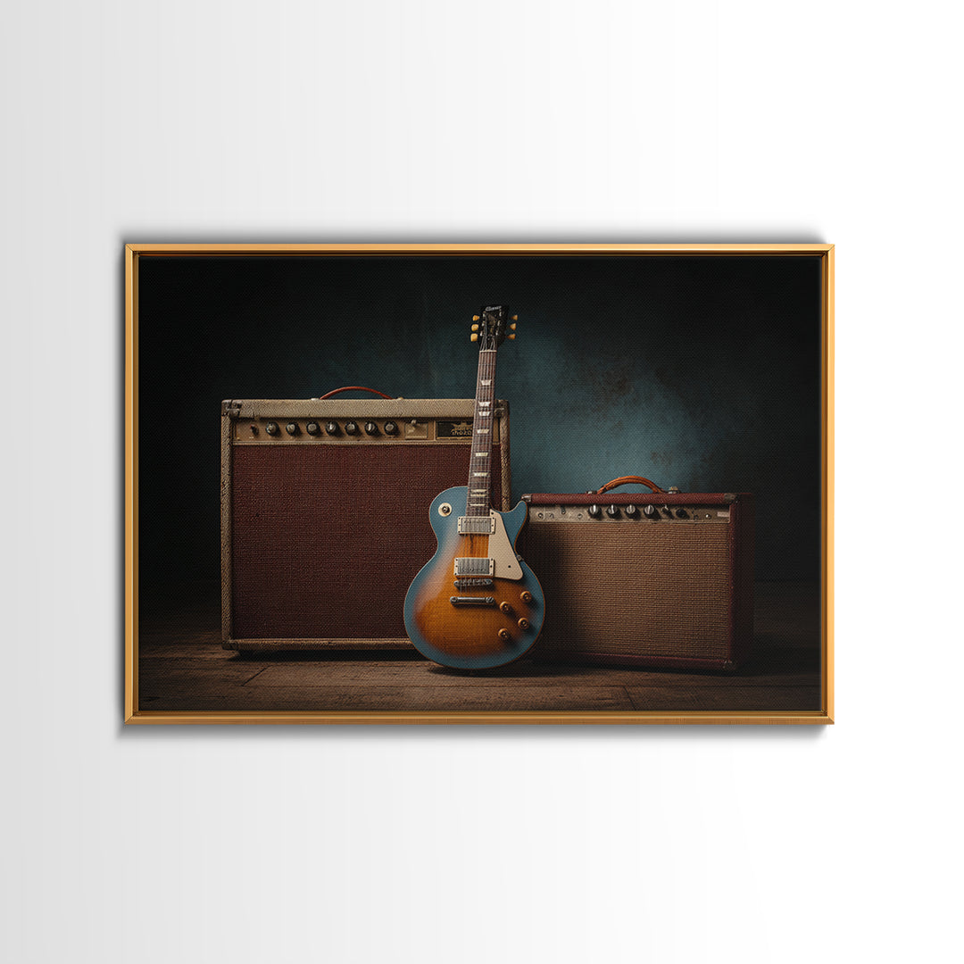 Electric Guitar Beside a Studio Amp Canvas Print, Recording Studio Art, Dtf Print, Studio Decor, Analog, Gallery Decor, RSA-3x2-56