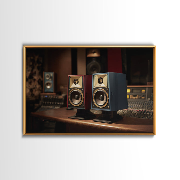 Studio Monitor Speakers as Bold Geometric Forms Framed Canvas Print, Recording Studio Art, Music Studio, Studio Decor, Analog, RSA-3x2-64
