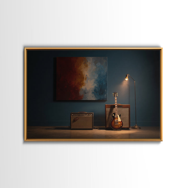 Electric Guitar Beside a Studio Amp Framed Canvas Print, Recording Studio Art, Studio Decor, Oil Painting, Analog, RSA-3x2-8
