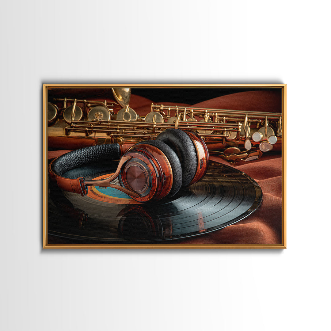 Headphones Resting on a Vinyl Record Framed Canvas Print, Recording Studio Art, Music Decor, Studio Decor, Fine Art, Analog, RSA-3x2-81