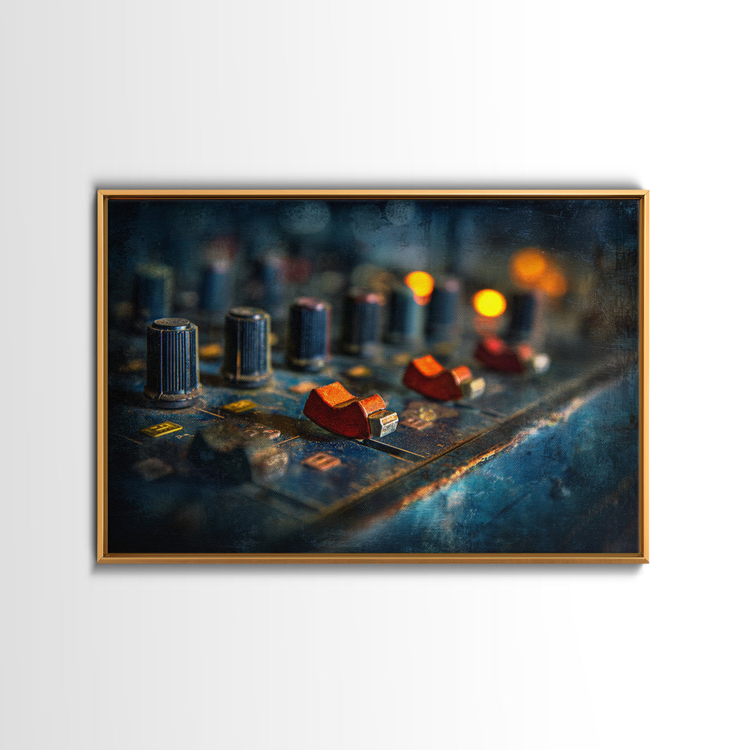 Mixing Console Faders Framed Canvas Print, Recording Studio Art, Black and White Art, Studio Decor, Oil Painting, Analog, RSA-3x2-82