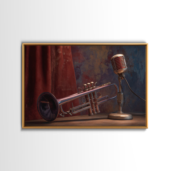Jazz Trumpet and Microphone Still Life Canvas Print, Recording Studio Art, Neutral Decor, Studio Decor, Fine Art, Analog, RSA-3x2-83