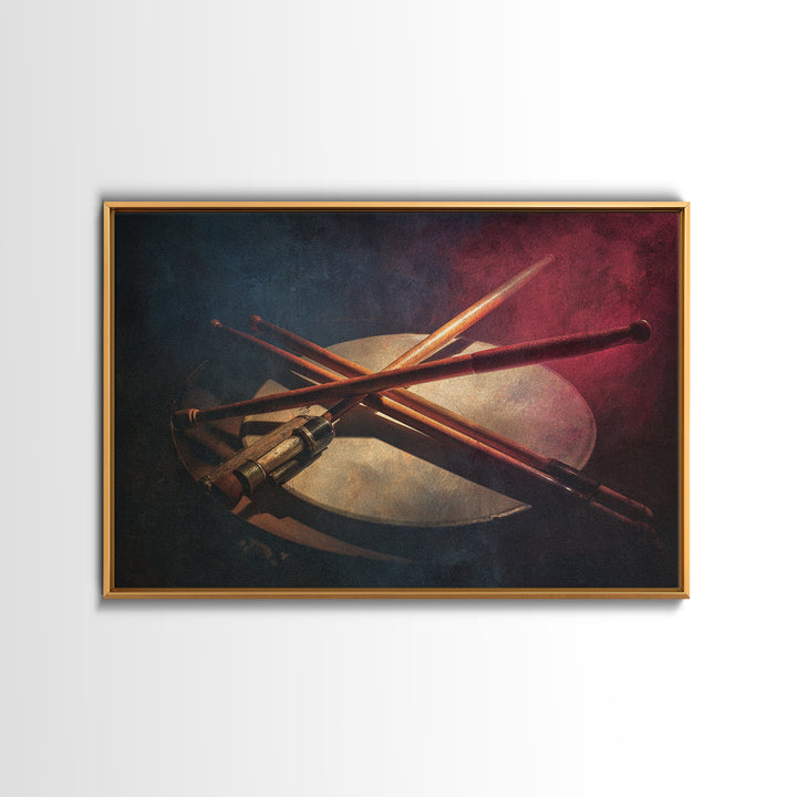 Drumsticks Crossed over Snare Drum Framed Canvas Print, Recording Studio Art, Music Posters, Studio Decor, Fine Art, Analog, RSA-3x2-86