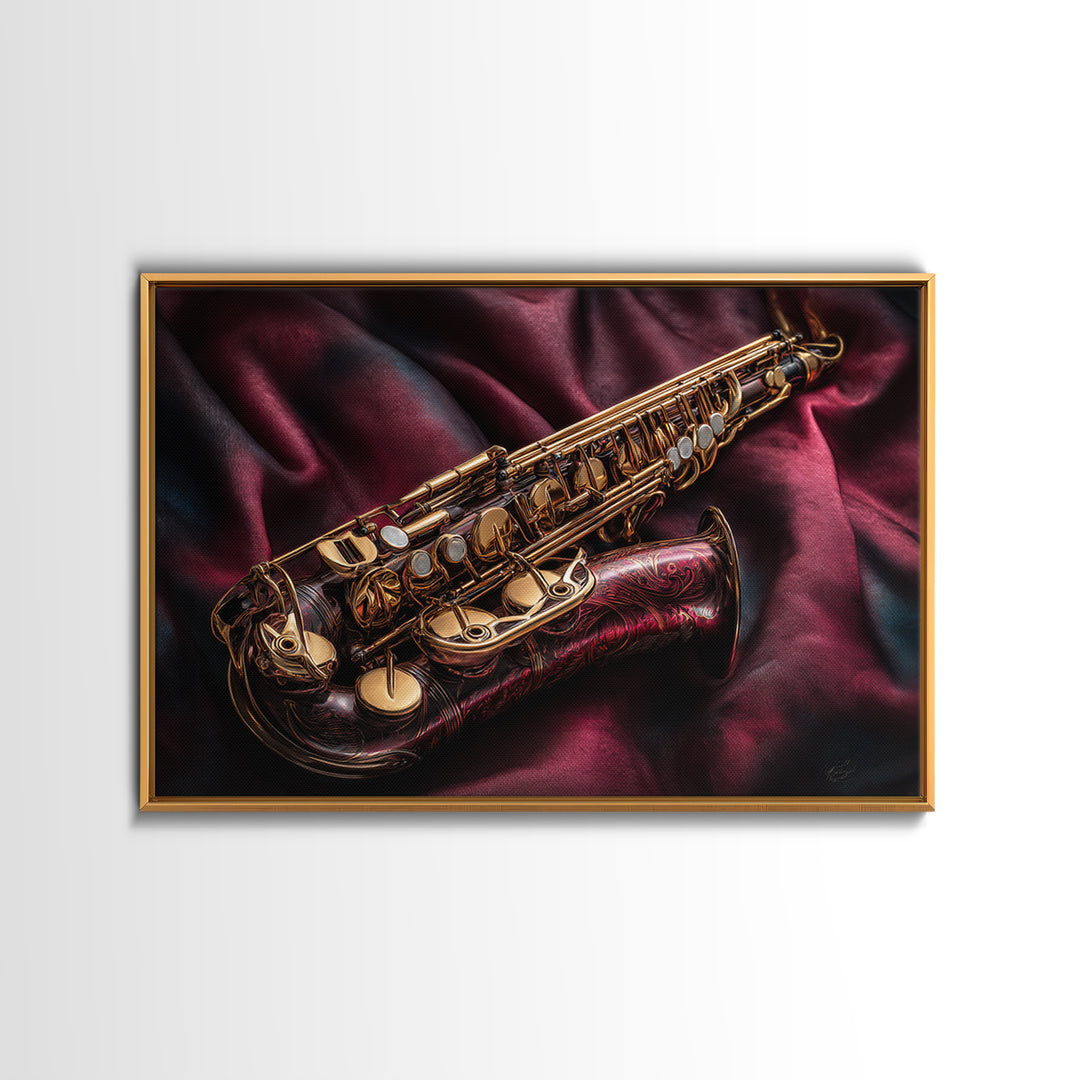 Brass Saxophone on Dark Velvet Framed Canvas Print, Recording Studio Art, Music Room Decor, Studio Decor, Fine Art, Analog, RSA-3x2-92