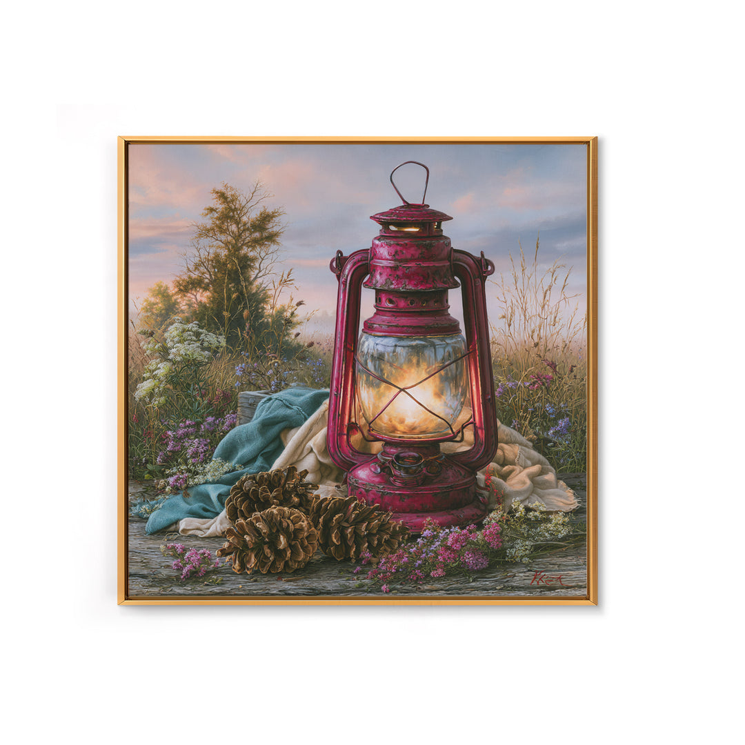 Rustic Lantern Glowing Beside Pinecones Framed Canvas Print, Rustic Art, Gallery Wall Set, Farmhouse Decor, Watercolor Art, RUS-1x1-100