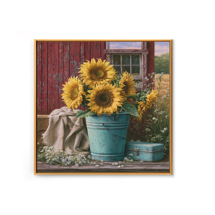 Sunflowers in a Metal Bucket Framed Canvas Print, Rustic Art, Painting, Farmhouse Decor, Oil Painting, Rustic, Boho Wall Art, RUS-1x1-12
