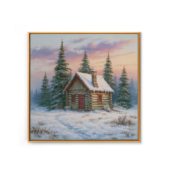 Log Cabin with Snowy Pines Canvas Print, Rustic Art, Farmhouse Decor, Oil Painting, Rustic, Gallery Wall Art, RUS-1x1-15