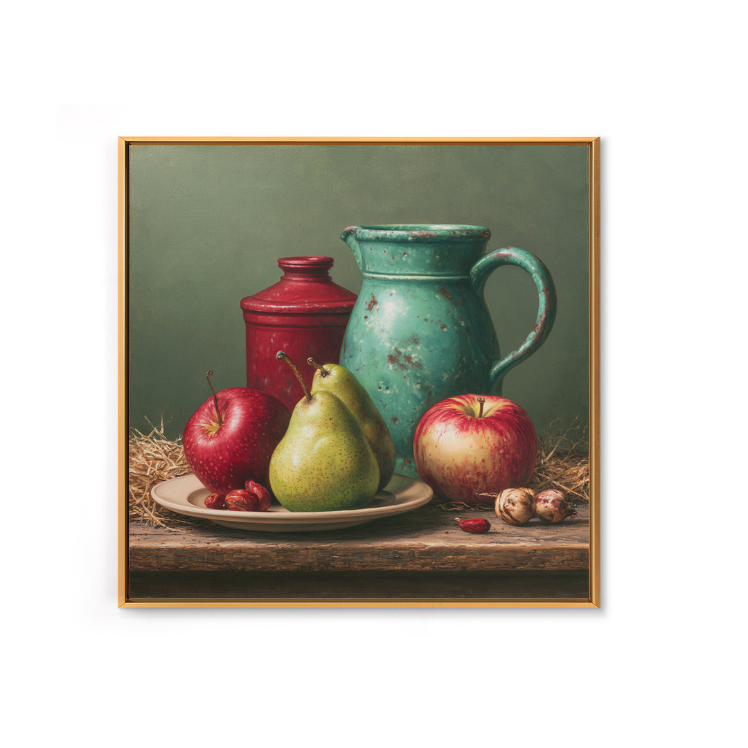 Rustic Pear and Apple Still Life Framed Canvas Print, Rustic Art, Landscape Wall Art, Farmhouse Decor, Fine Art, Rustic, RUS-1x1-21