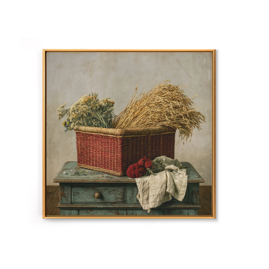 Handwoven Basket with Dried Grasses Framed Canvas Print, Rustic Art, Farmhouse Wall Art, Farmhouse Decor, Watercolor Art, RUS-1x1-24