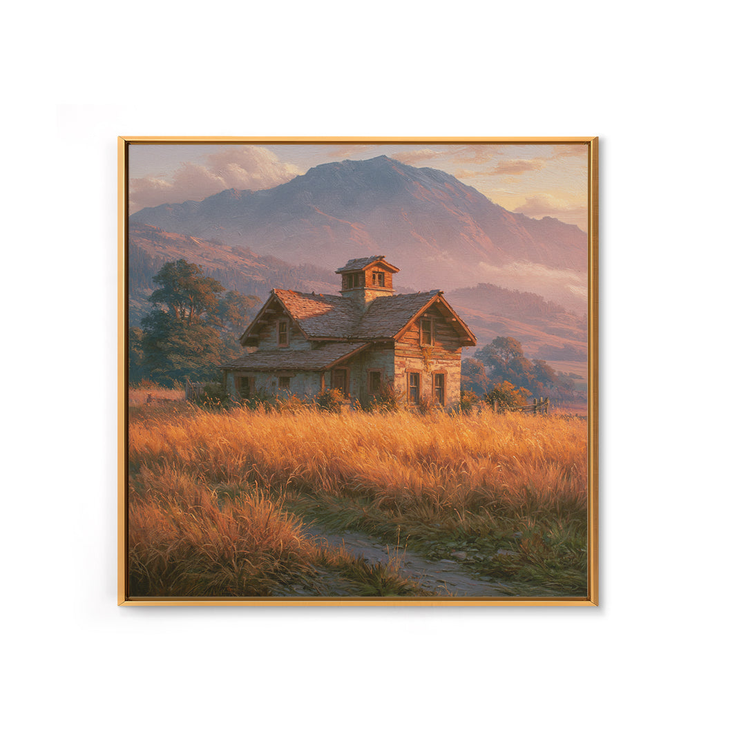 Mountain Cabin Landscape Framed Canvas Print, Rustic Art, Boho Wall Art, Farmhouse Decor, Oil Painting, Rustic, RUS-1x1-27