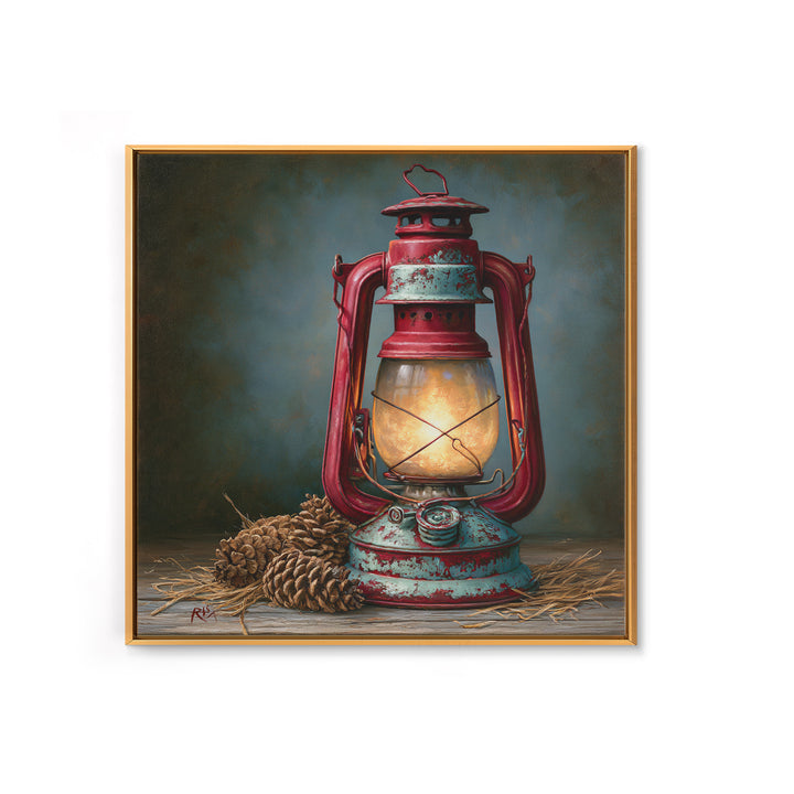 Rustic Lantern Glowing Beside Pinecones Framed Canvas Print, Rustic Art, Farmhouse Decor, Oil Painting, Rustic, RUS-1x1-28