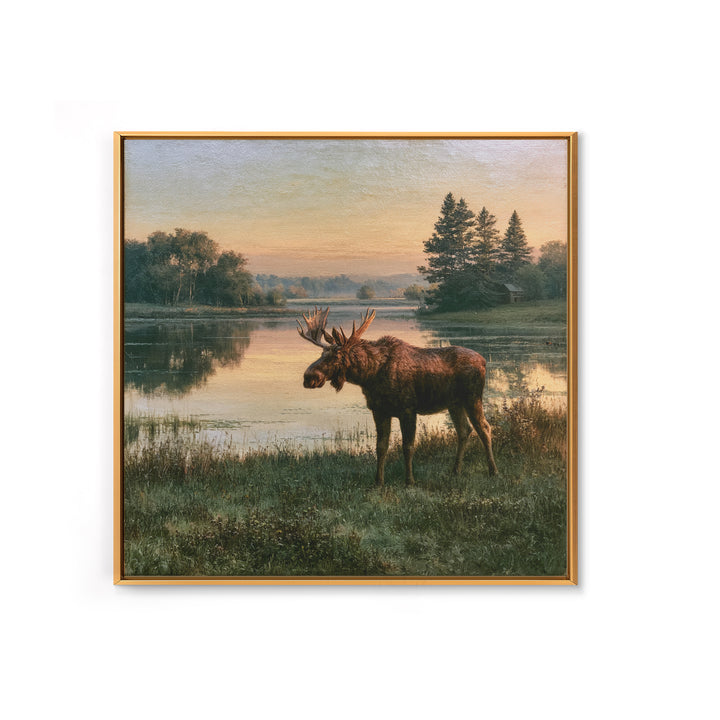 Moose Standing by a Quiet Lake Framed Canvas Print, Rustic Art, Fine Art Print, Farmhouse Decor, Fine Art, Rustic, Painting, RUS-1x1-33