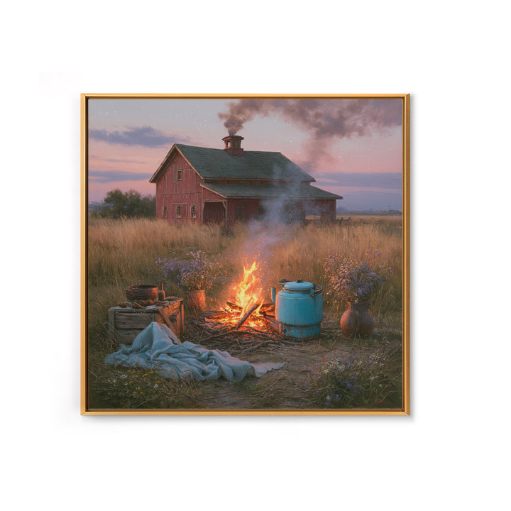 Campfire under a Starry Sky Framed Canvas Print, Rustic Art, Landscape Wall Art, Farmhouse Decor, Watercolor Art, Rustic, RUS-1x1-34