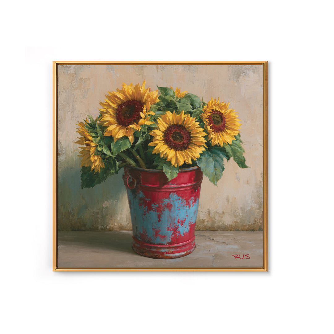 Sunflowers in a Metal Bucket Canvas Print, Rustic Art, Farmhouse Decor, Watercolor Art, Rustic, Landscape Painting, RUS-1x1-36