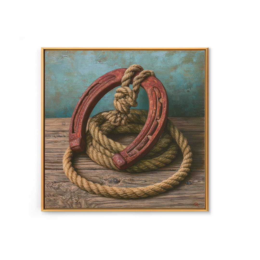 Rusty Horseshoe and Rope Composition Framed Canvas Print, Rustic Art, Gallery Wall Set, Farmhouse Decor, Oil Painting, Rustic, RUS-1x1-37