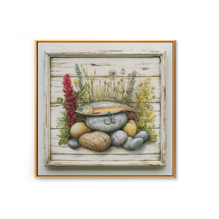 Trout Fishing Lure and River Stones Framed Canvas Print, Rustic Art, Landscape Art, Farmhouse Decor, Fine Art, Rustic, RUS-1x1-38