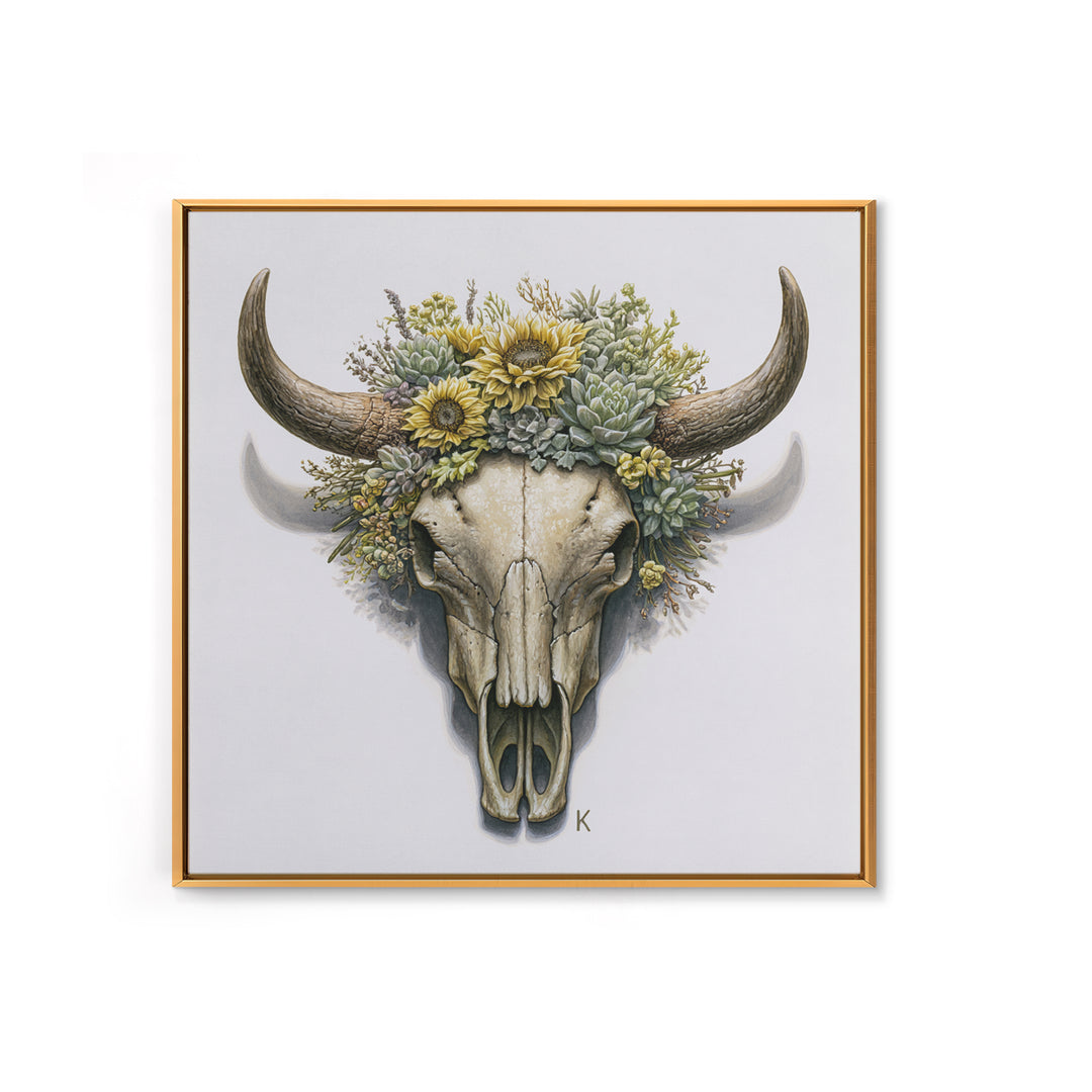 Cow Skull with Desert Flowers Framed Canvas Print, Rustic Art, Gallery Decor, Farmhouse Decor, Oil Painting, Rustic, RUS-1x1-41