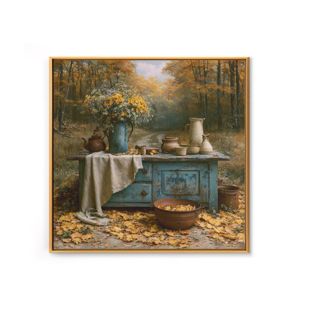 Forest Path with Golden Autumn Leaves Framed Canvas Print, Rustic Art, Eclectic Wall Art, Farmhouse Decor, Fine Art, Rustic, RUS-1x1-42