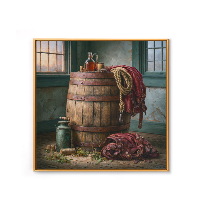 Whiskey Barrel and Leather Still Life Framed Canvas Print, Rustic Art, Wood Art, Farmhouse Decor, Oil Painting, Rustic, RUS-1x1-43