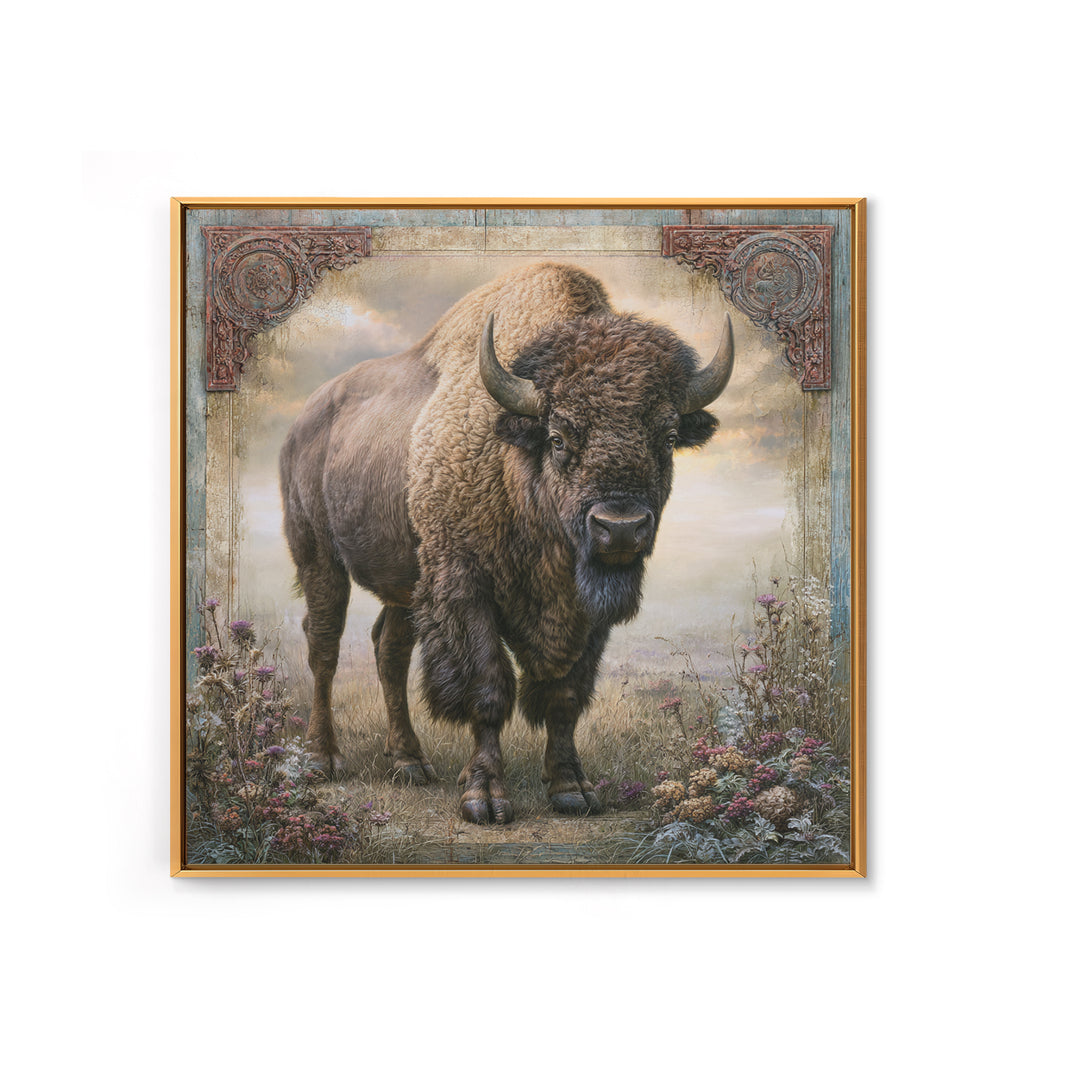 Buffalo Portrait with Western Texture Framed Canvas Print, Rustic Art, Farmhouse Wall Art, Farmhouse Decor, Fine Art, Rustic, RUS-1x1-46