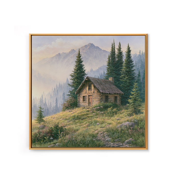 Mountain Cabin Landscape Framed Canvas Print, Rustic Art, Landscape Art, Farmhouse Decor, Fine Art, Rustic, Room Decor, RUS-1x1-51