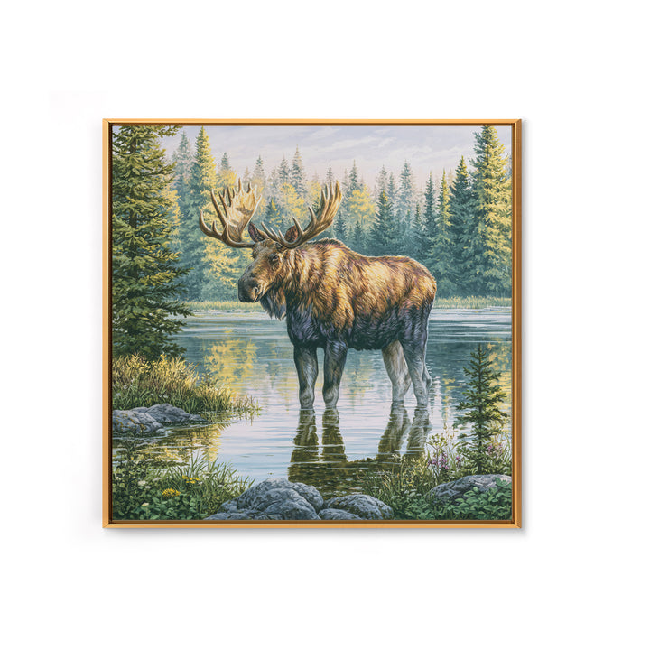 Moose Standing by a Quiet Lake Framed Canvas Print, Rustic Art, Fine Art Print, Farmhouse Decor, Fine Art, Rustic, Painting, RUS-1x1-57