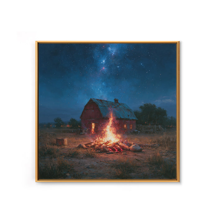 Campfire under a Starry Sky Framed Canvas Print, Rustic Art, Landscape Wall Art, Farmhouse Decor, Watercolor Art, Rustic, RUS-1x1-58