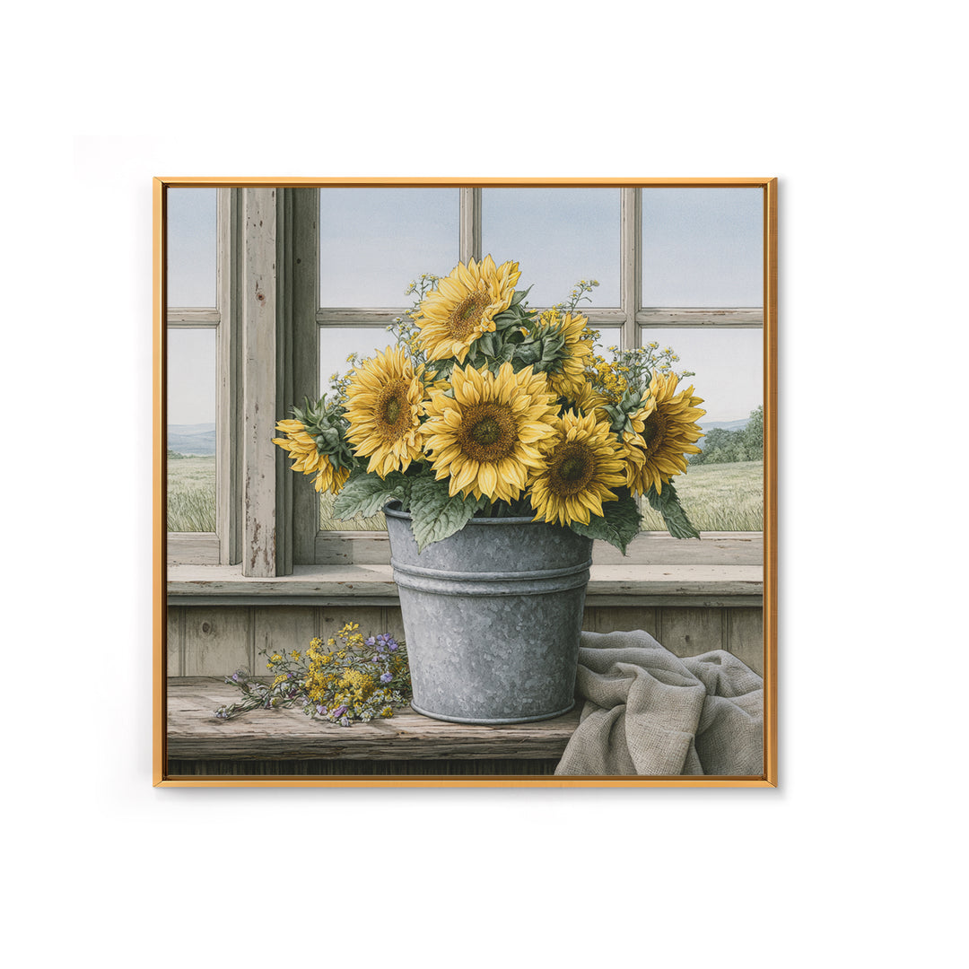 Sunflowers in a Metal Bucket Canvas Print, Rustic Art, Modern Art, Farmhouse Decor, Rustic, Neutral Decor, Modern Decor, RUS-1x1-60