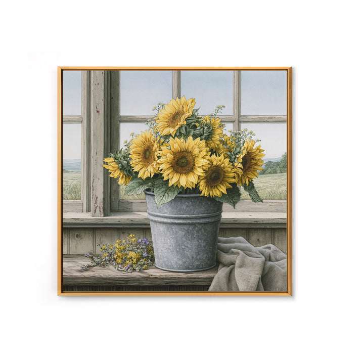 Sunflowers in a Metal Bucket Canvas Print, Rustic Art, Modern Art, Farmhouse Decor, Rustic, Neutral Decor, Modern Decor, RUS-1x1-60