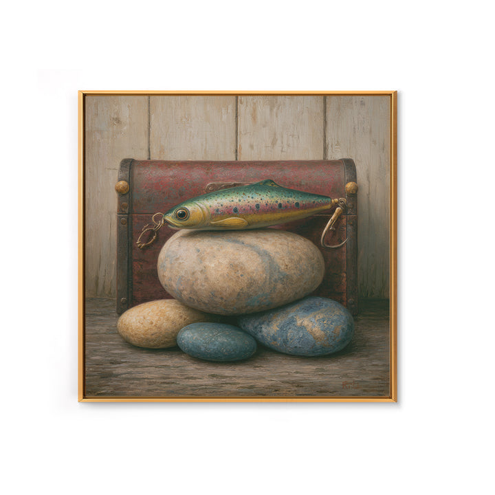 Trout Fishing Lure and River Stones Framed Canvas Print, Rustic Art, Landscape Art, Farmhouse Decor, Fine Art, Rustic, RUS-1x1-62