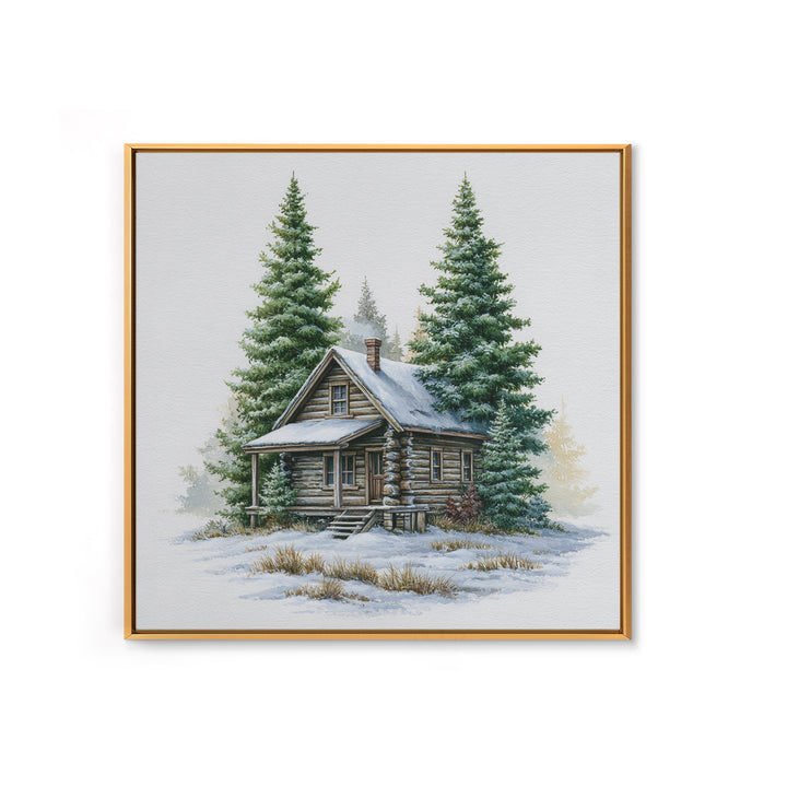 Log Cabin with Snowy Pines Framed Canvas Print, Rustic Art, Gallery Wall Set, Farmhouse Decor, Rustic, Minimalist Decor, RUS-1x1-63