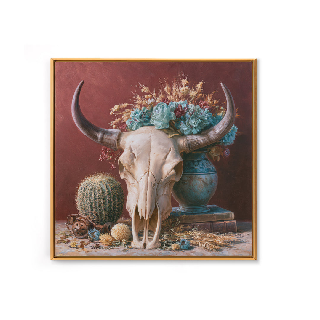 Cow Skull with Desert Flowers Framed Canvas Print, Rustic Art, Gallery Decor, Farmhouse Decor, Oil Painting, Rustic, RUS-1x1-65