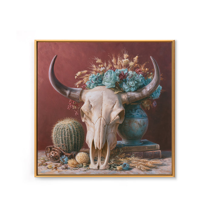 Cow Skull with Desert Flowers Framed Canvas Print, Rustic Art, Gallery Decor, Farmhouse Decor, Oil Painting, Rustic, RUS-1x1-65