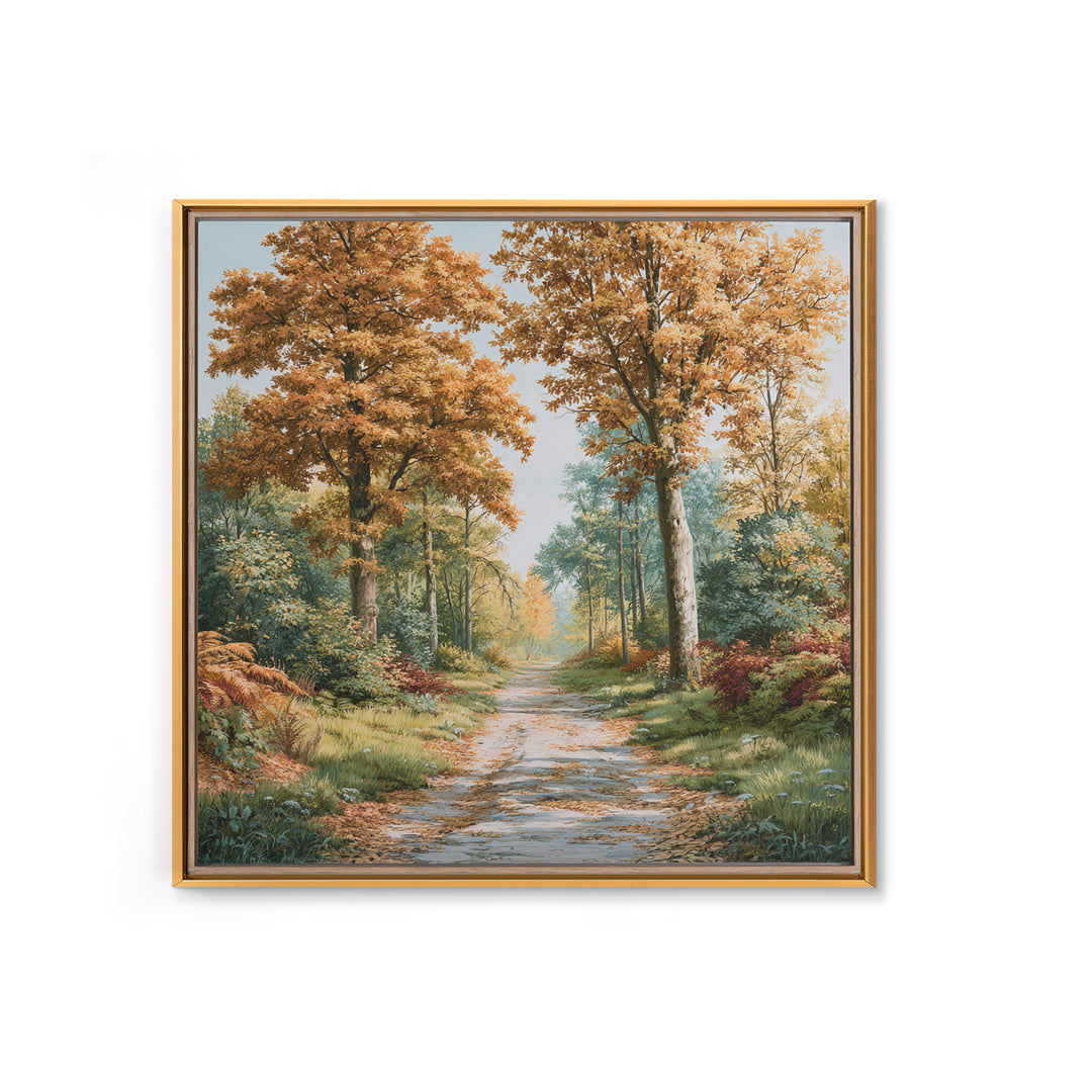 Forest Path with Golden Autumn Leaves Framed Canvas Print, Rustic Art, Eclectic Wall Art, Farmhouse Decor, Fine Art, Rustic, RUS-1x1-66