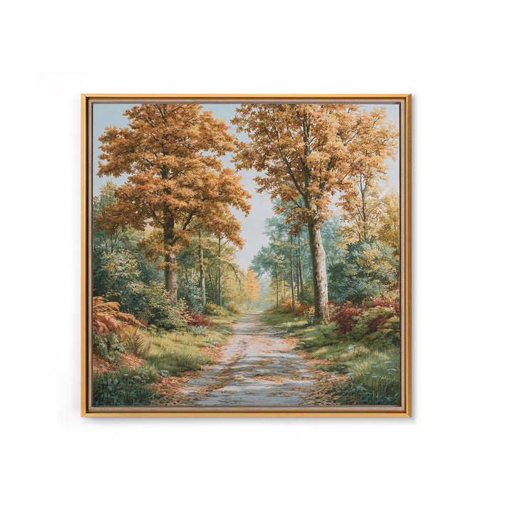 Forest Path with Golden Autumn Leaves Framed Canvas Print, Rustic Art, Eclectic Wall Art, Farmhouse Decor, Fine Art, Rustic, RUS-1x1-66