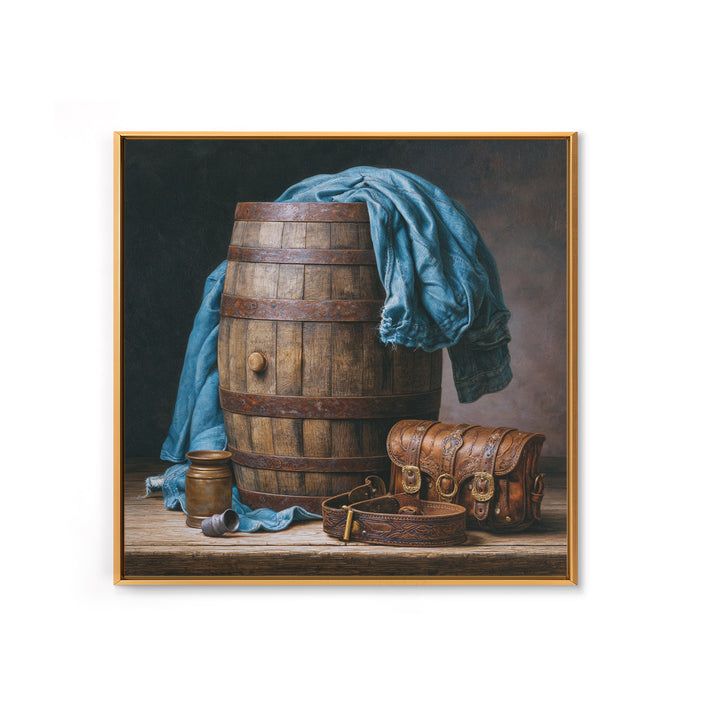 Whiskey Barrel and Leather Still Life Framed Canvas Print, Rustic Art, Gallery Decor, Farmhouse Decor, Fine Art, Rustic, RUS-1x1-67