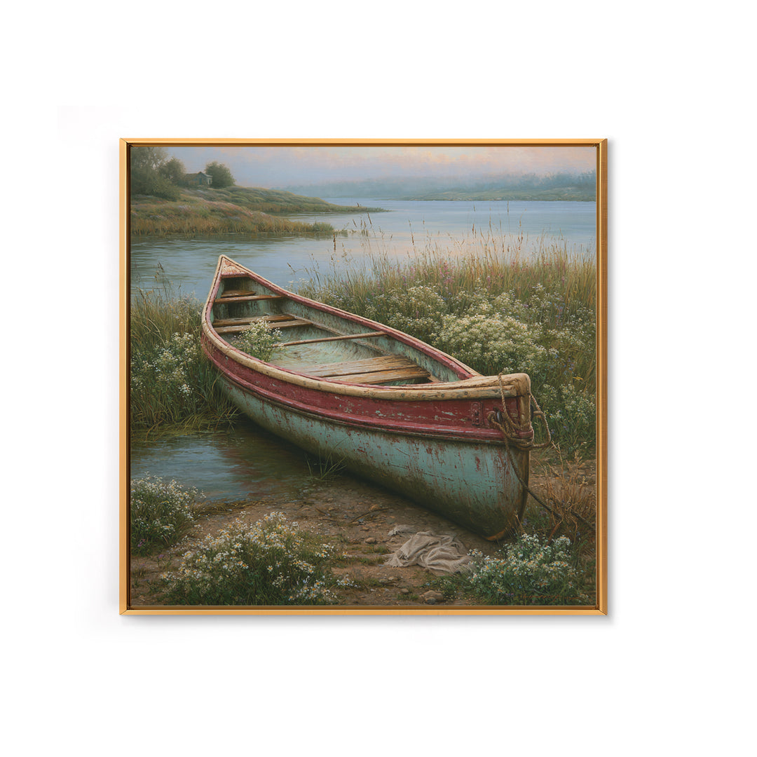 Old Canoe Pulled Onto a Lake Shore Framed Canvas Print, Rustic Art, Eclectic Wall Art, Farmhouse Decor, Oil Painting, Rustic, RUS-1x1-68