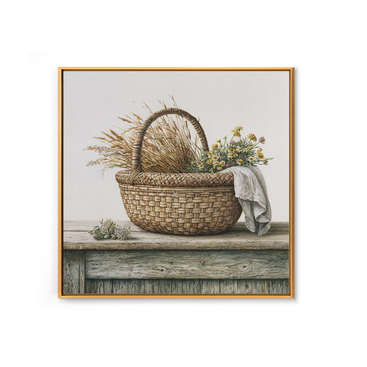 Handwoven Basket with Dried Grasses Framed Canvas Print, Rustic Art, Gallery Wall Art, Farmhouse Decor, Abstract Art, Rustic, RUS-1x1-72