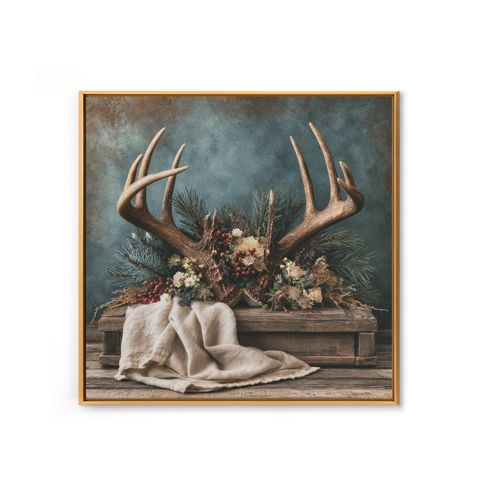 Deer Antlers with Pine Branches and Berries Framed Canvas Print, Rustic Art, Gallery Wall Set, Farmhouse Decor, Watercolor Art, RUS-1x1-74
