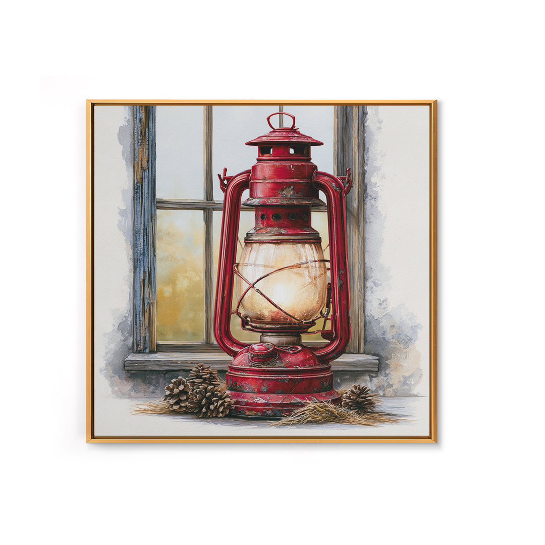 Rustic Lantern Glowing Beside Pinecones Canvas Print, Rustic Art, Portrait Painting, Farmhouse Decor, Fine Art, Rustic, RUS-1x1-76