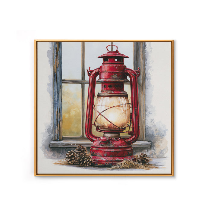 Rustic Lantern Glowing Beside Pinecones Canvas Print, Rustic Art, Portrait Painting, Farmhouse Decor, Fine Art, Rustic, RUS-1x1-76