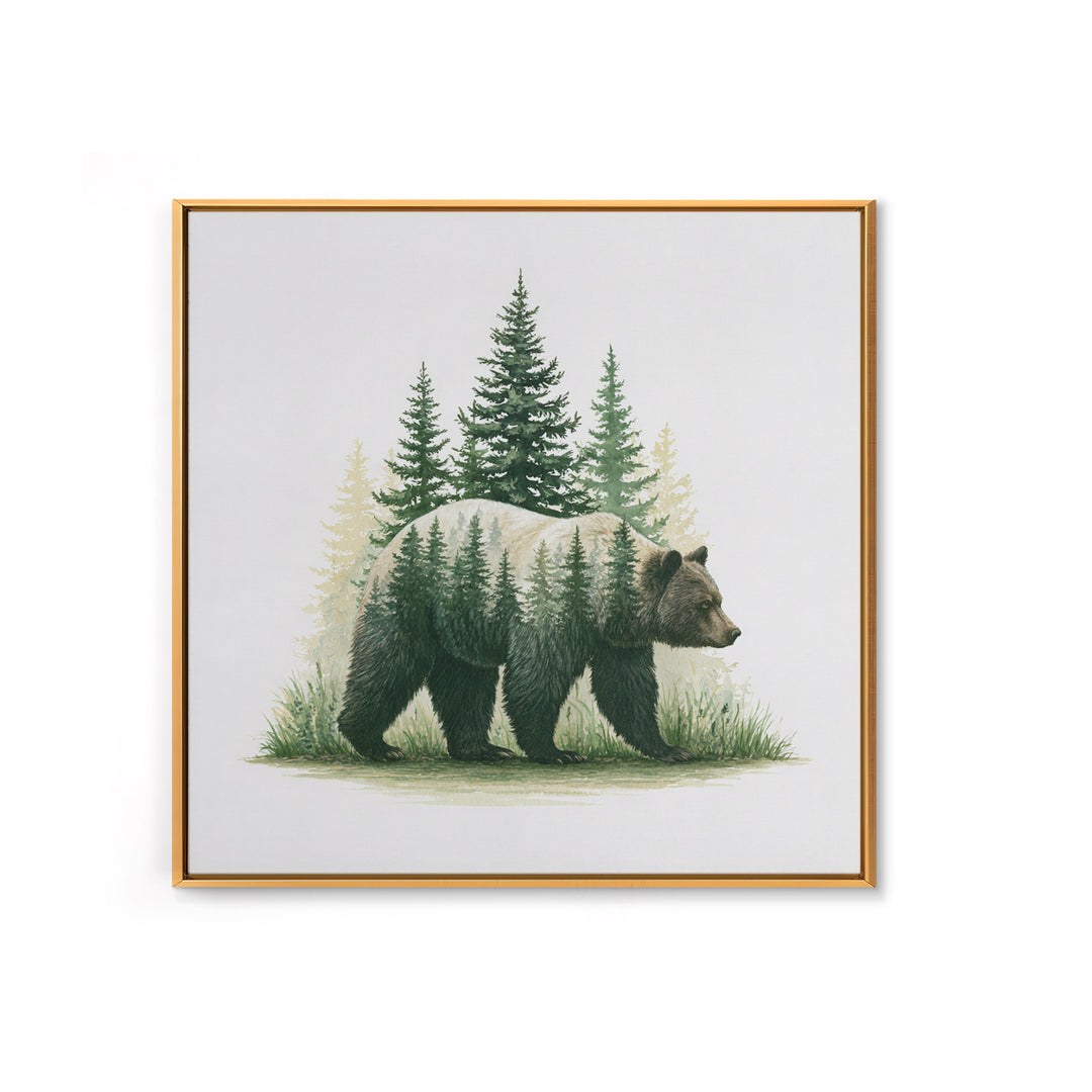 Bear Silhouette Among Pine Trees Framed Canvas Print, Rustic Art, Modern Decor, Farmhouse Decor, Oil Painting, Rustic, RUS-1x1-79