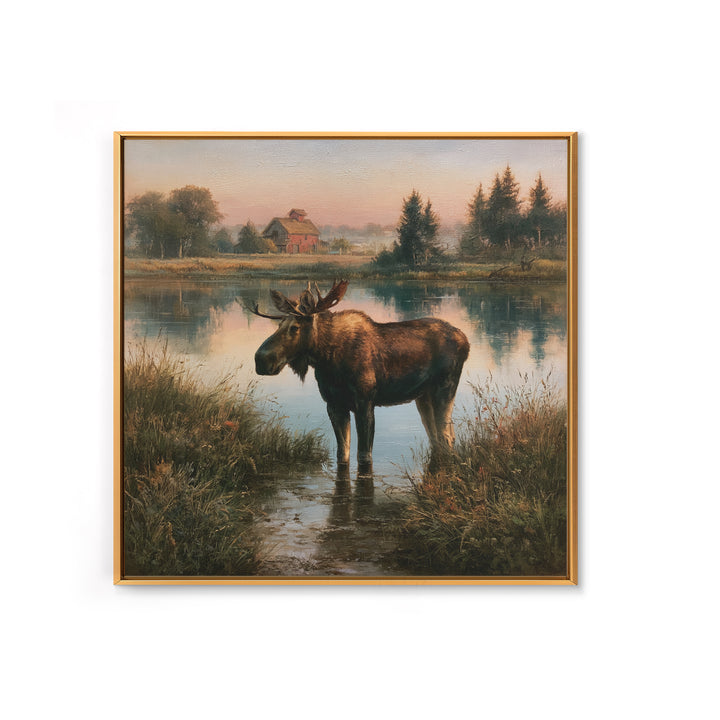 Moose Standing by a Quiet Lake Canvas Print, Rustic Art, Textured Painting, Farmhouse Decor, Oil Painting, Rustic, RUS-1x1-81