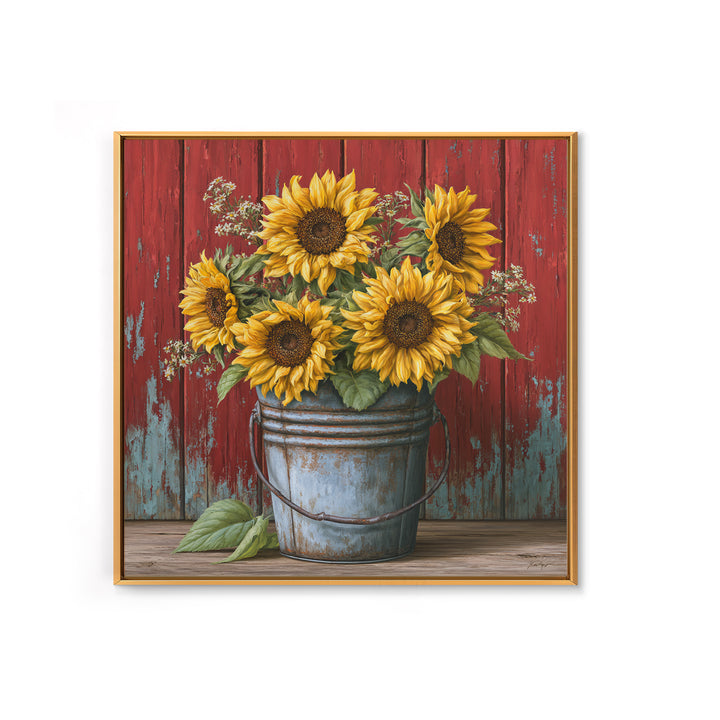 Sunflowers in a Metal Bucket Framed Canvas Print, Rustic Art, Landscape Wall Art, Farmhouse Decor, Rustic, Luxury Decor, RUS-1x1-84