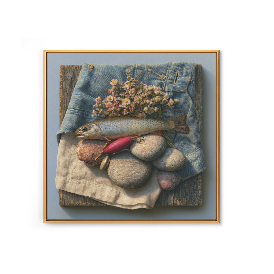 Trout Fishing Lure and River Stones Canvas Print, Rustic Art, Neutral Decor, Farmhouse Decor, Fine Art, Rustic, Home Decor, RUS-1x1-86